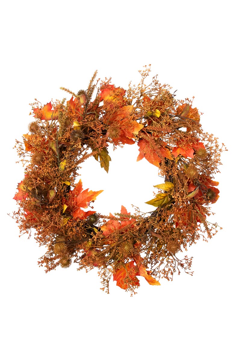 Northlight Maple Leaves, Burs and Berries Artificial Fall Harvest Wreath - 24", Main, color, 
