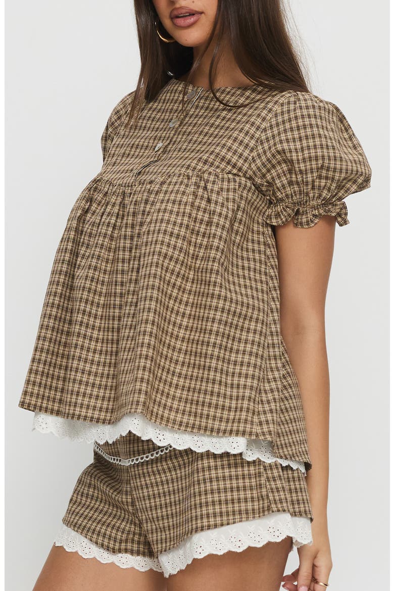 Chandelier Check Babydoll Top, Alternate, color, BROWN CHECK