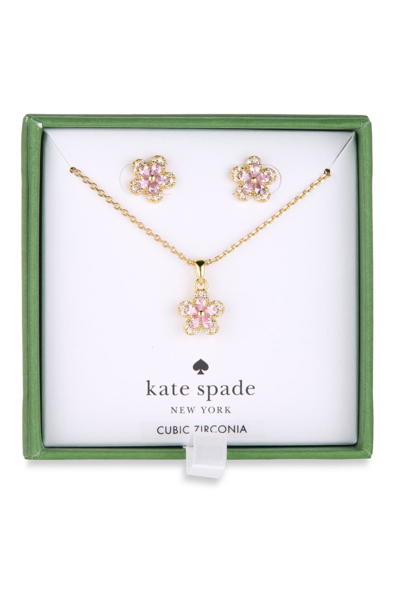 Flower Cubic Zirconia Pendant Necklace & Stud Earrings Set, Main, color, PINK