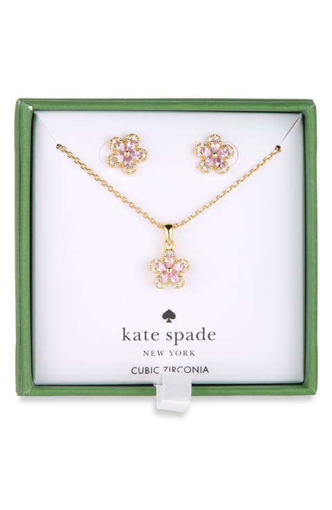 Flower Cubic Zirconia Pendant Necklace & Stud Earrings Set