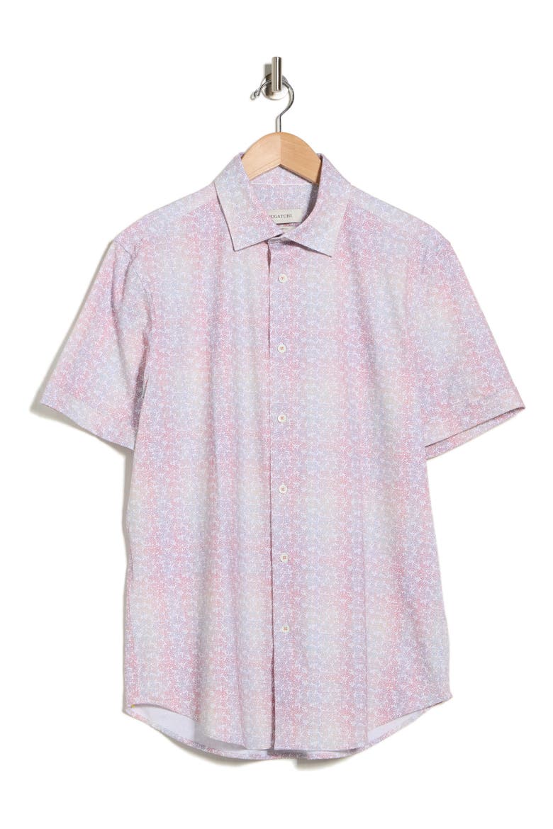 Print Short Sleeve Button-Up Shirt, Alternate, color, CORAL