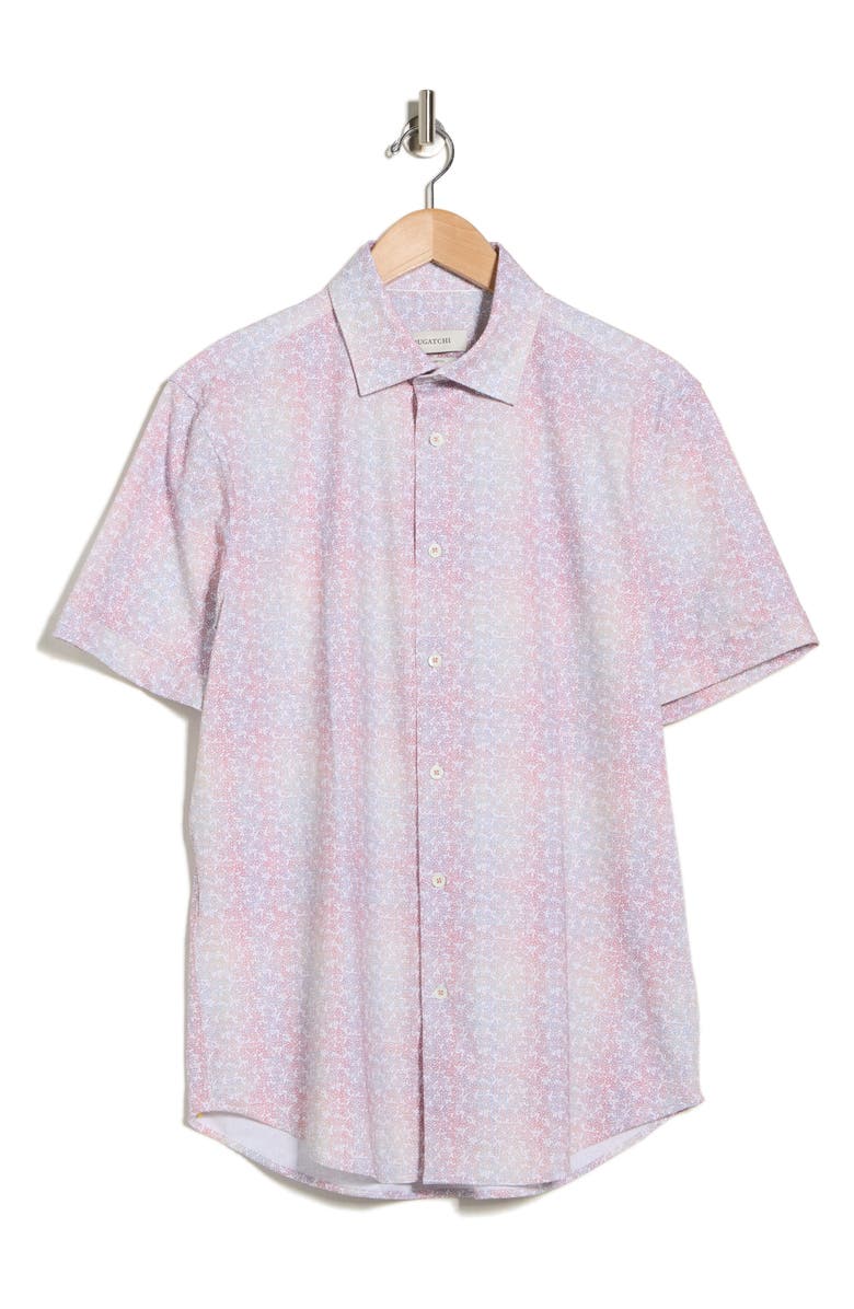 Bugatchi Print Short Sleeve Button-Up Shirt, Main, color, Coral