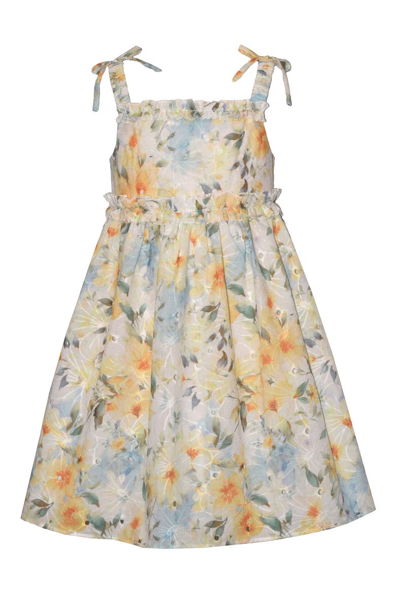 Kids' Floral Eyelet Tie Strap Dress, Main, color, YELLOW FLORAL