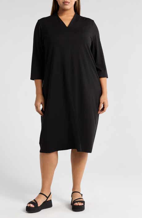 Eileen Fisher Quarter Sleeve V-Neck Midi Dress