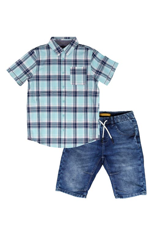 Joe's Plaid Short Sleeve Button-up Shirt & Denim Shorts Set In Aqua