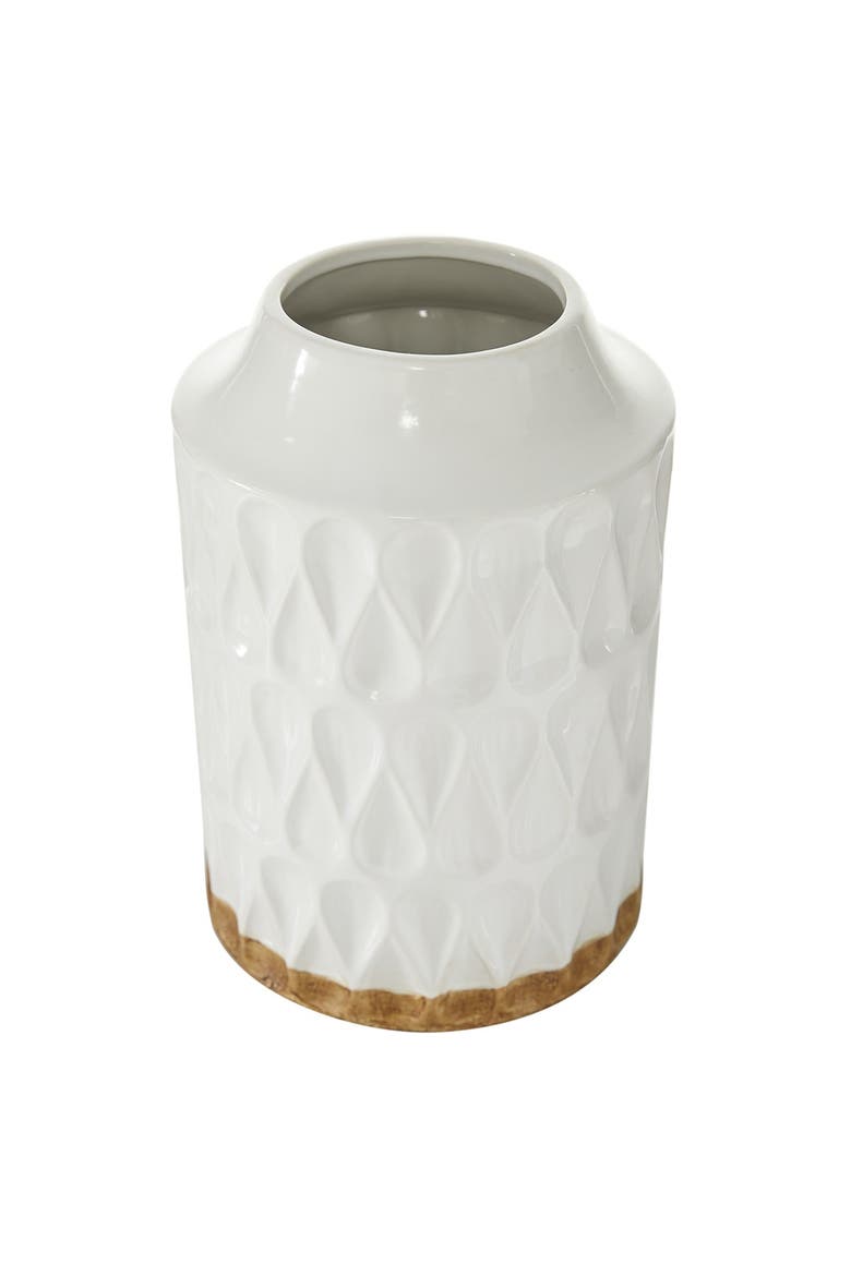 White Porcelain Geometric Vase with Brown Base, Alternate, color, WHITE