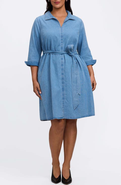 Agnes Tie Waist Denim Dress (Plus)