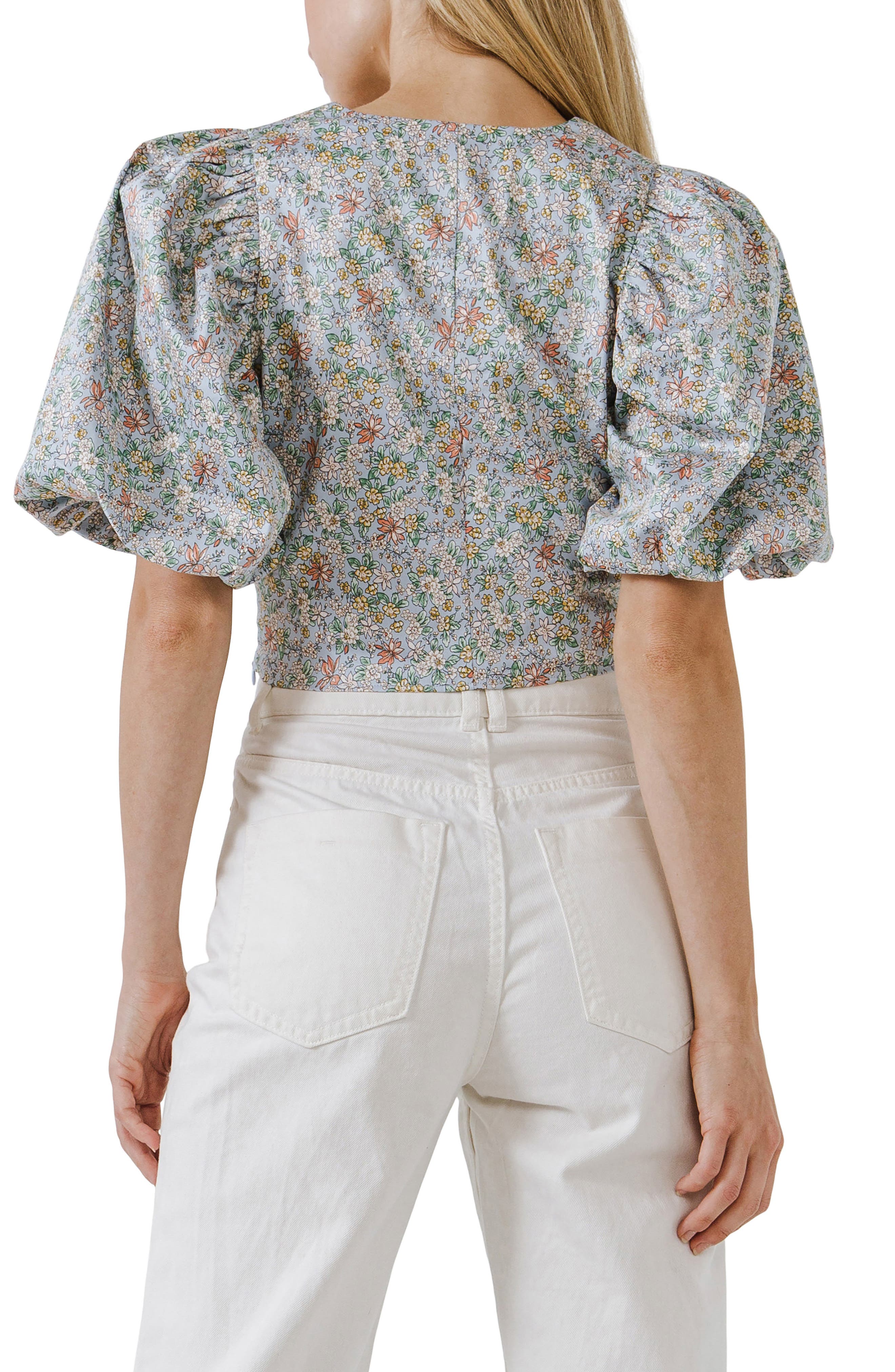 Floral Print Puff Sleeve Crop Top - image 2