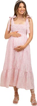 PinkBlush Floral Smocked Shoulder Tie Midi Dress