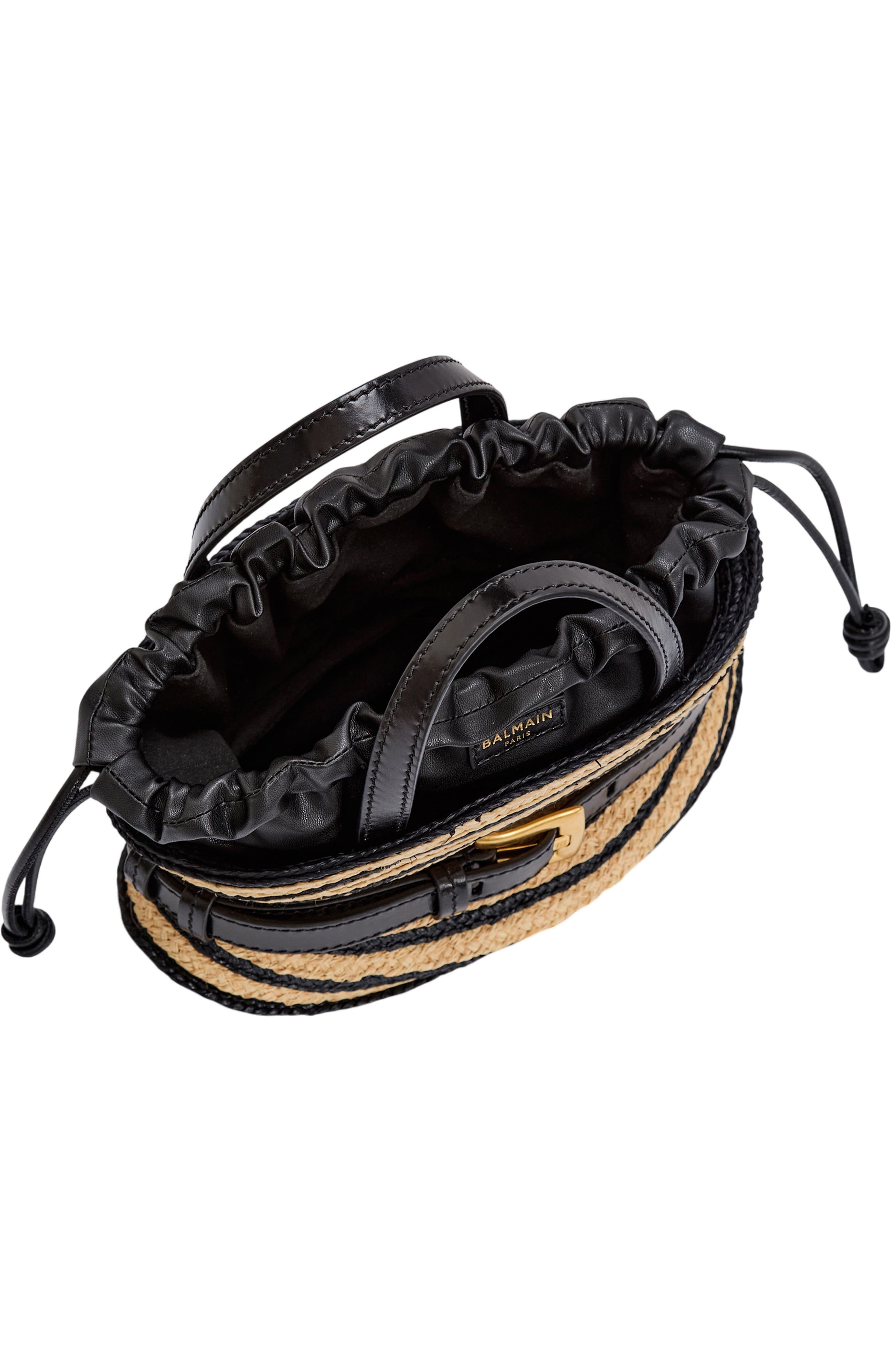 Balmain Mini Shuffle bag in smooth leather and raffia, Alternate, color, Beige