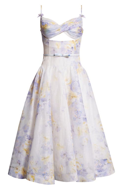 Shop Zimmermann Floral Twist Front Cutout Organza Midi Dress In Lilac Floral