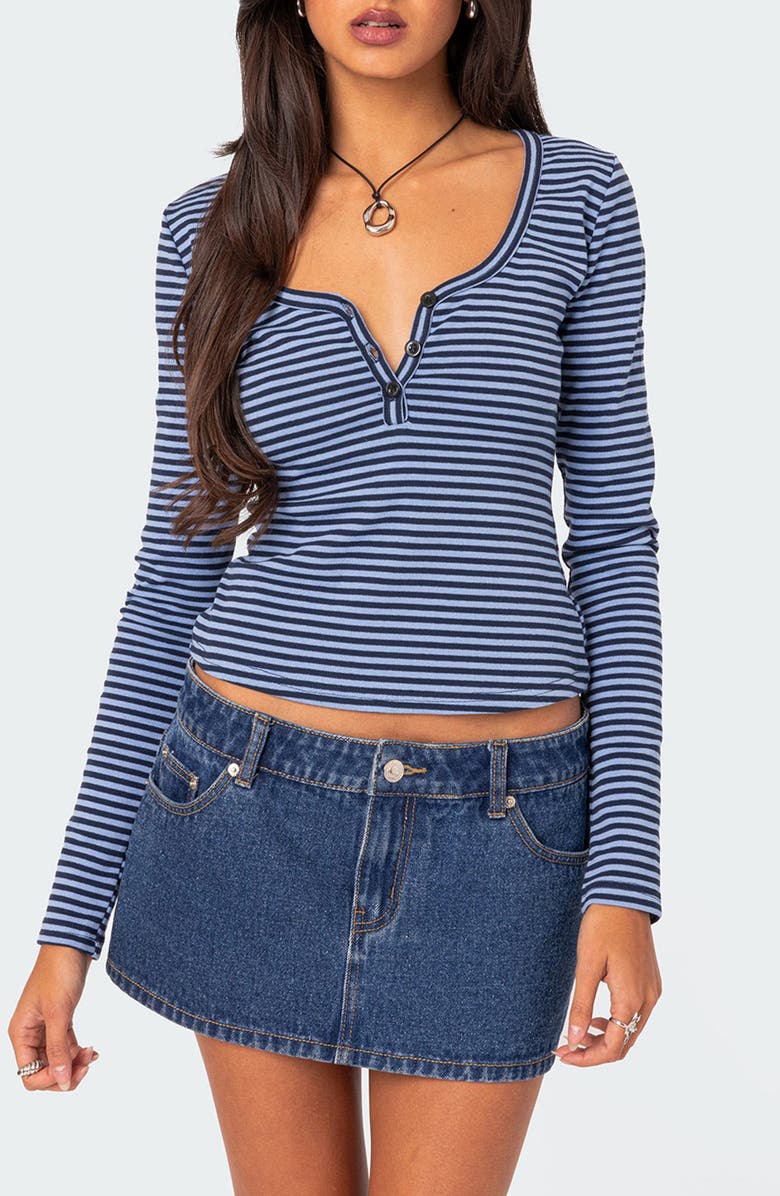 EDIKTED Jocelyn Stripe Stretch Cotton Top, Main, color, Blue