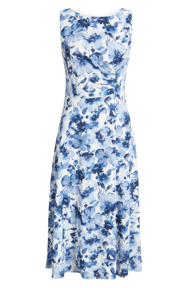 Connected Apparel Floral Sleeveless Pleated Waist A-Line Midi Dress, Alternate, color, Denim