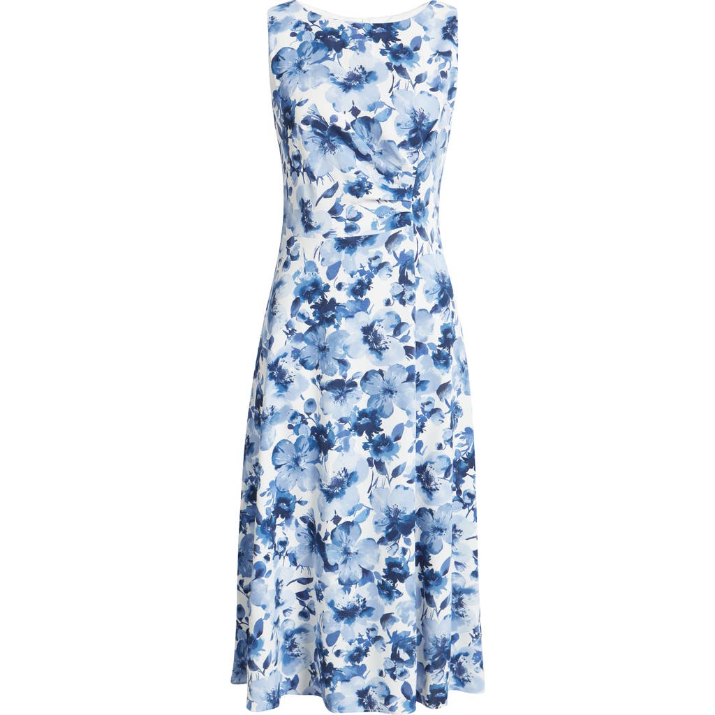 Connected Apparel Floral Sleeveless Pleated Waist A-line Midi Dress In Denim