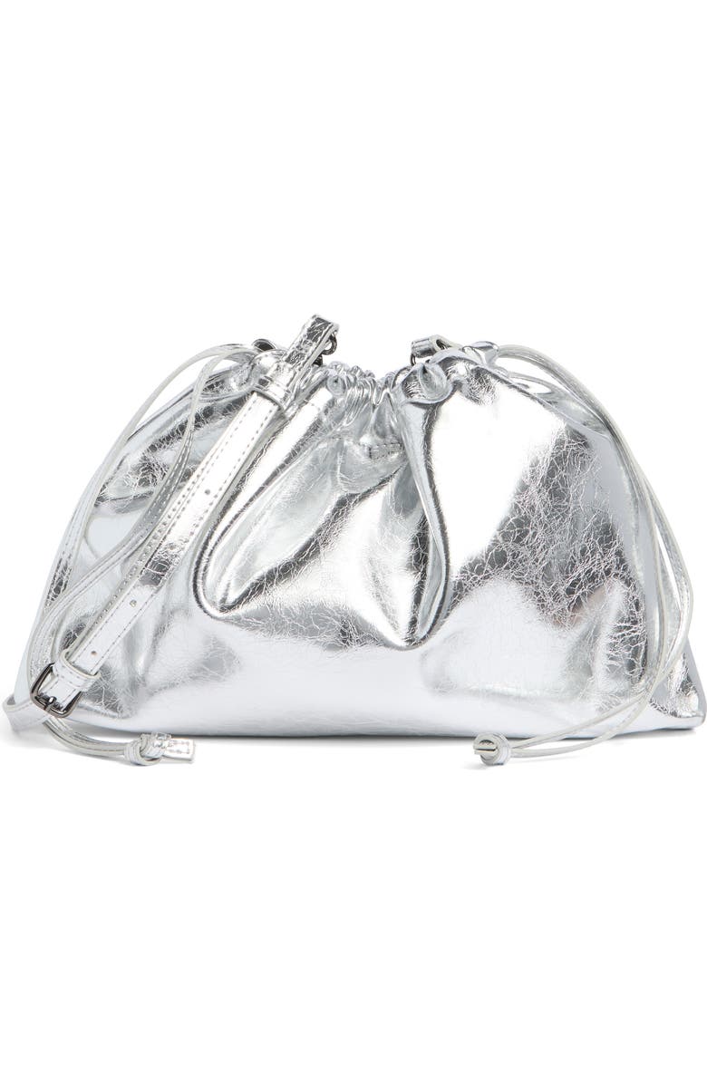BCBG Metallic Drawstring Clutch, Main, color, Silver