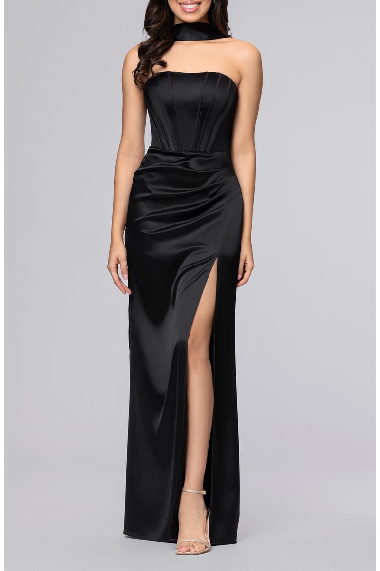 Scarf Detail Strapless Corset Gown, Main, color, BLACK