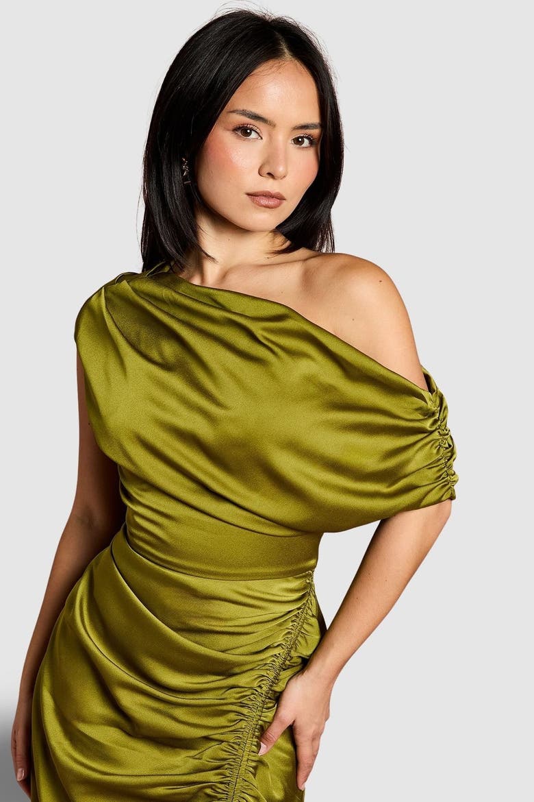 Petite Satin One Shoulder Midi Dress, Alternate, color, Olive