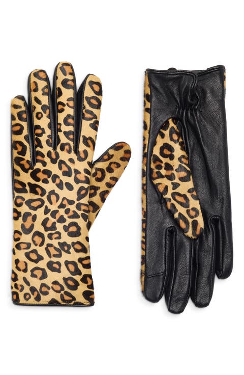 Leopard Print Genuine Calf Hair & Leather Gloves