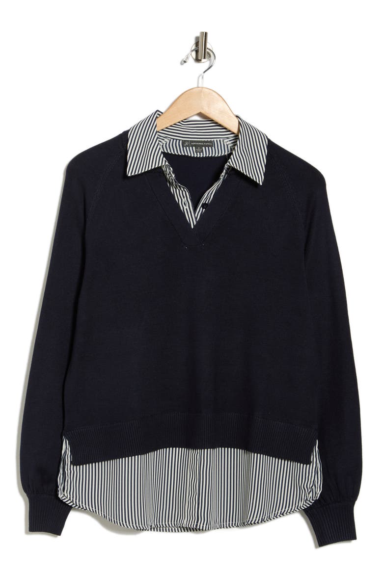 V-Neck Twofer Sweater, Alternate, color, NAVY W/ NAVY SMALL STRIPE