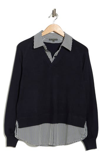 Adrianna Papell V-neck Twofer Sweater In Black
