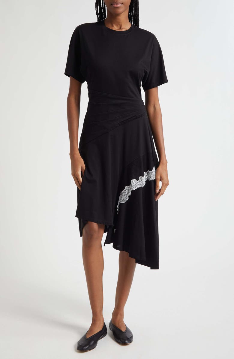 3.1 Phillip Lim Lace Detail Draped Asymmetric Hem Cotton T-Shirt Dress, Main, color, Black