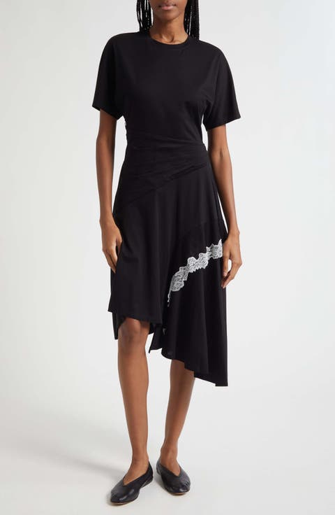 Lace Detail Draped Asymmetric Hem Cotton T-Shirt Dress