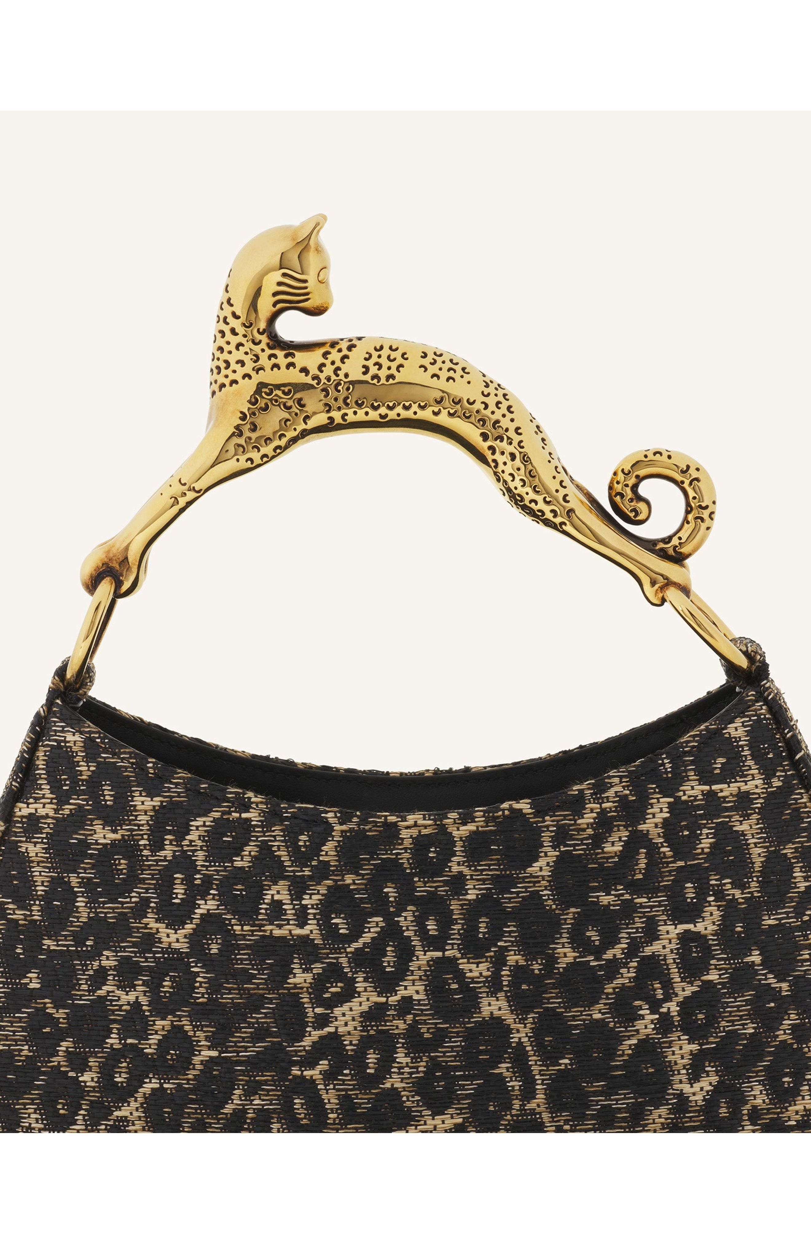 Lanvin Hobo Cat Small Raffia Bag With A Leopard Print And Cat Handle, Alternate, color, Beige/Black