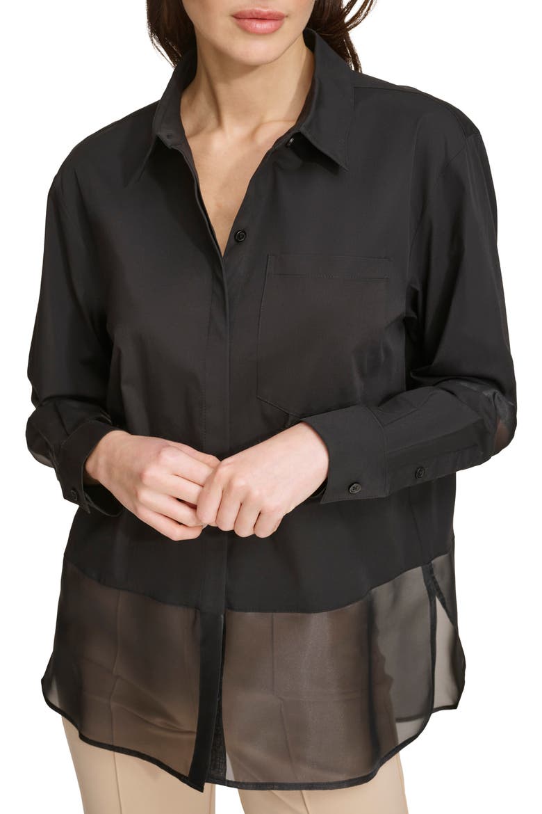 Mixed Media Button-Up Shirt, Alternate, color, BLACK