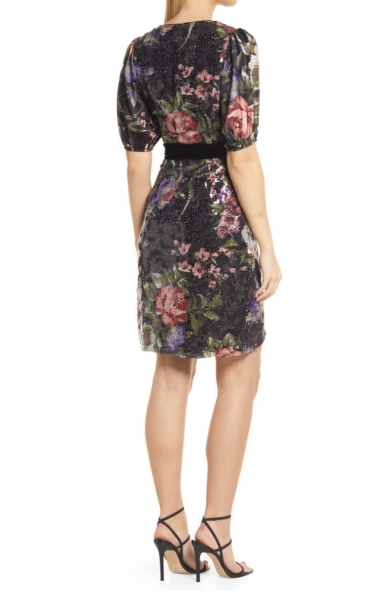 BTFL-life Floral Print Short Sleeve Sequin Dress, Alternate, color, Black Multi
