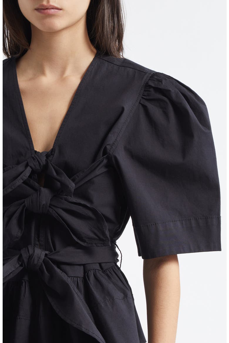 Bow Front Puff Sleeve Organic Cotton Poplin Top, Alternate, color, BLACK
