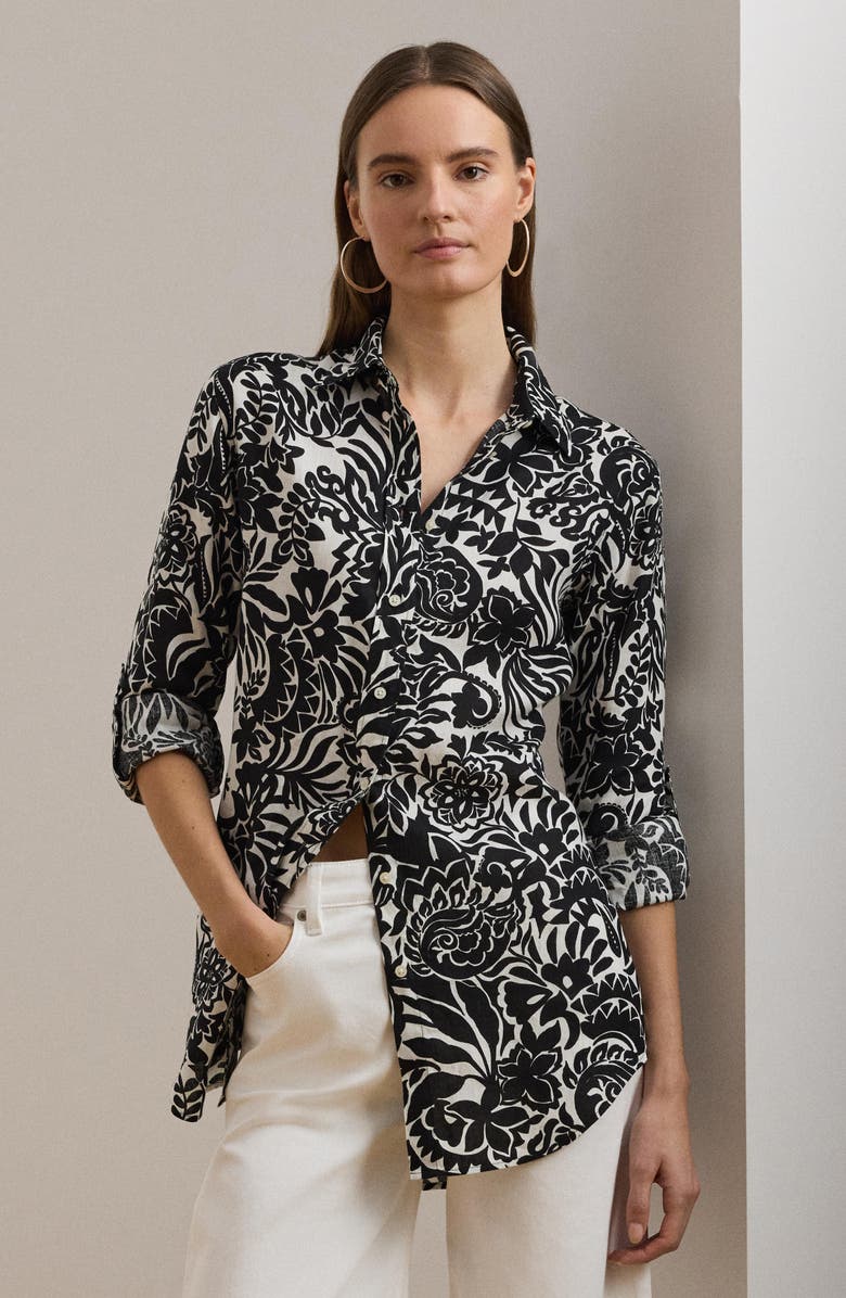 Lauren Ralph Lauren Floral Linen Button-Up Shirt, Alternate, color, Cream/Black