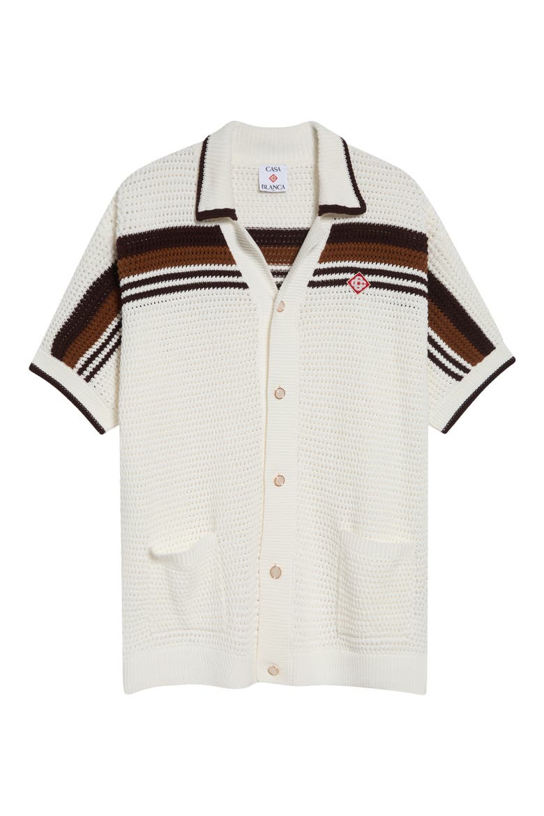 Tennis Stripe Short Sleeve Crochet Button-Up Shirt, Alternate, color, COTTON