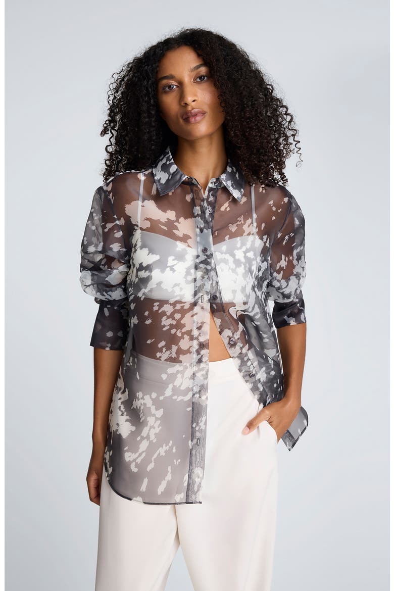 Print Sheer Button-Up Shirt, Alternate, color, MINK TAUPE/ OYSTER