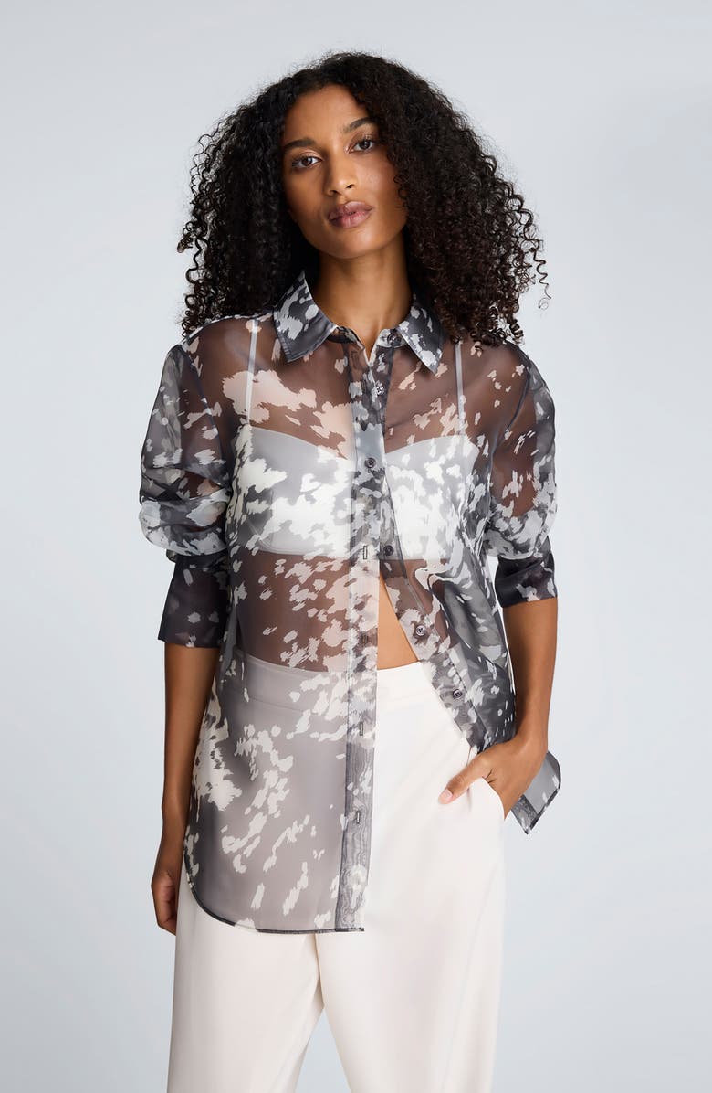 Kenneth Cole Print Sheer Button-Up Shirt, Alternate, color, Mink Taupe/ Oyster