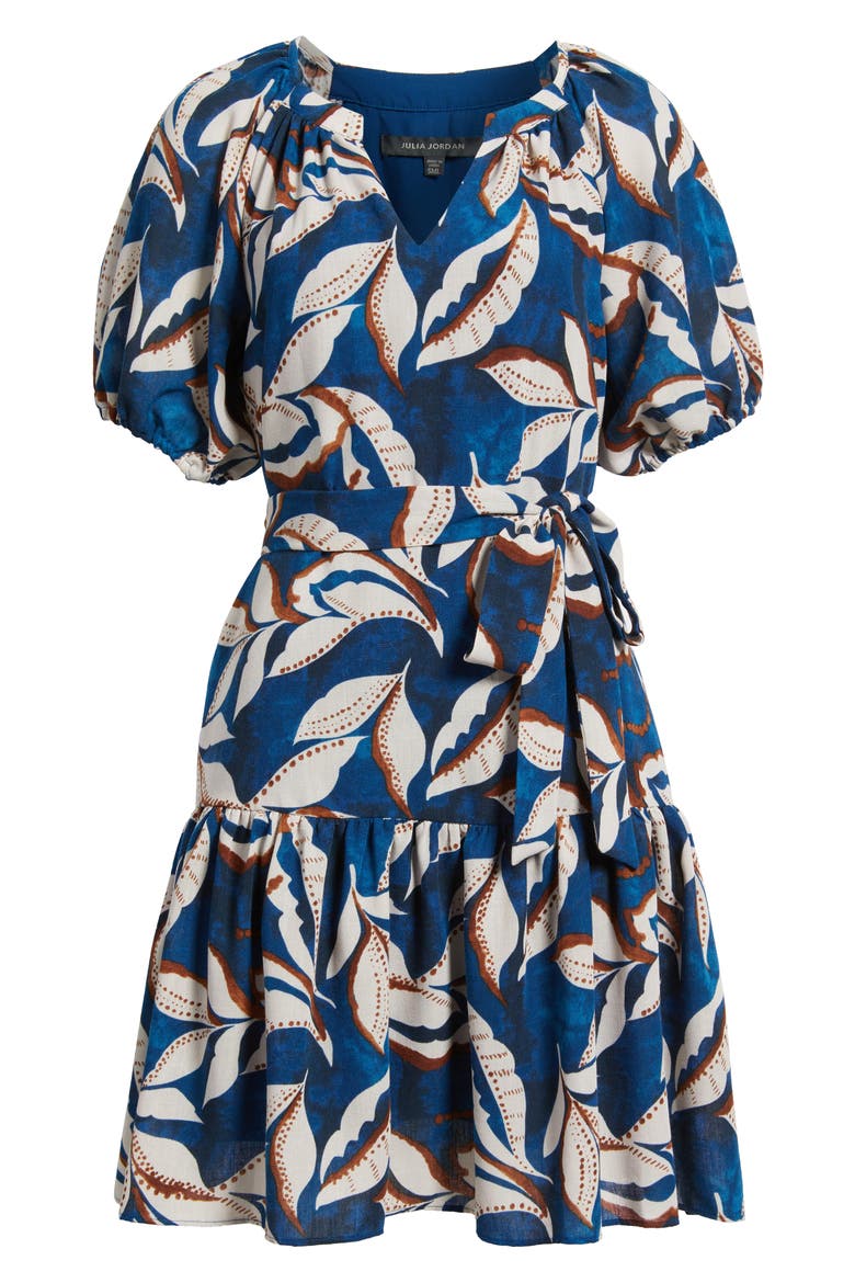 Puff Sleeve Tie Belt Minidress, Alternate, color, BLUE MULTI