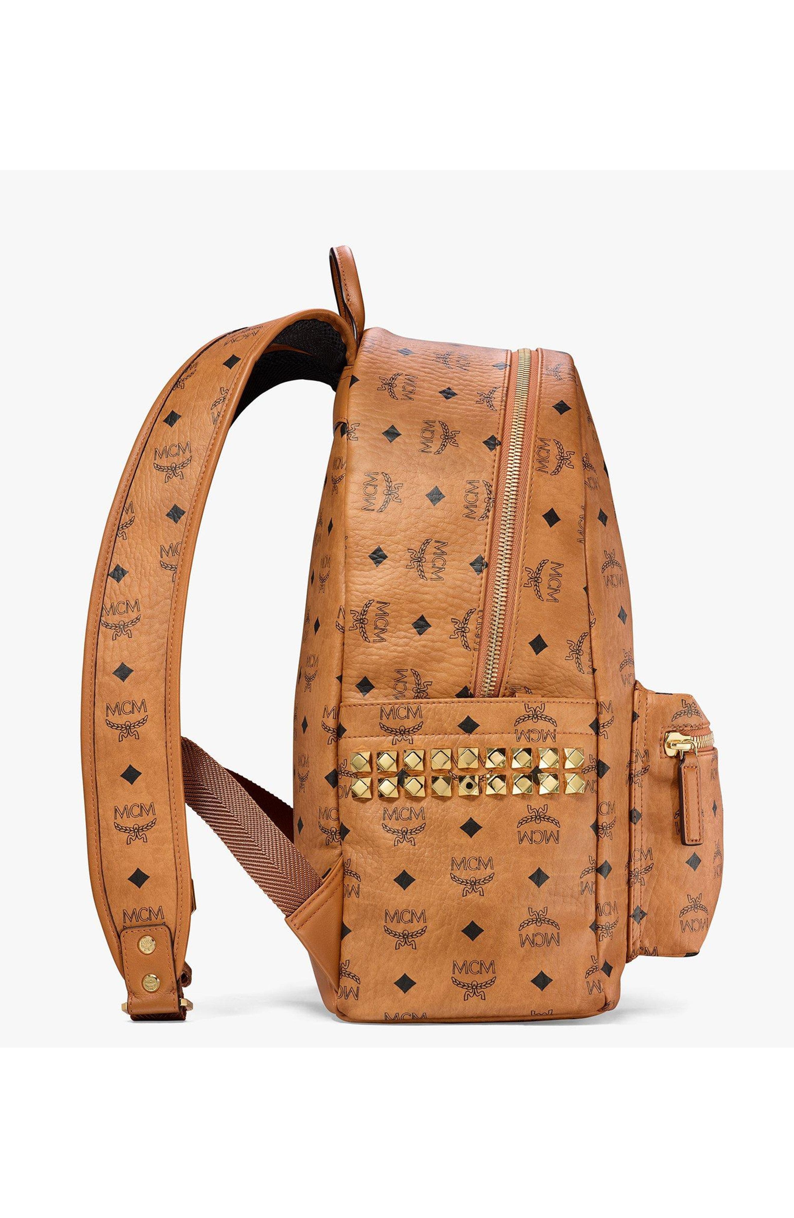 MCM Stark Side Studs Backpack in Visetos, Alternate, color, Cognac