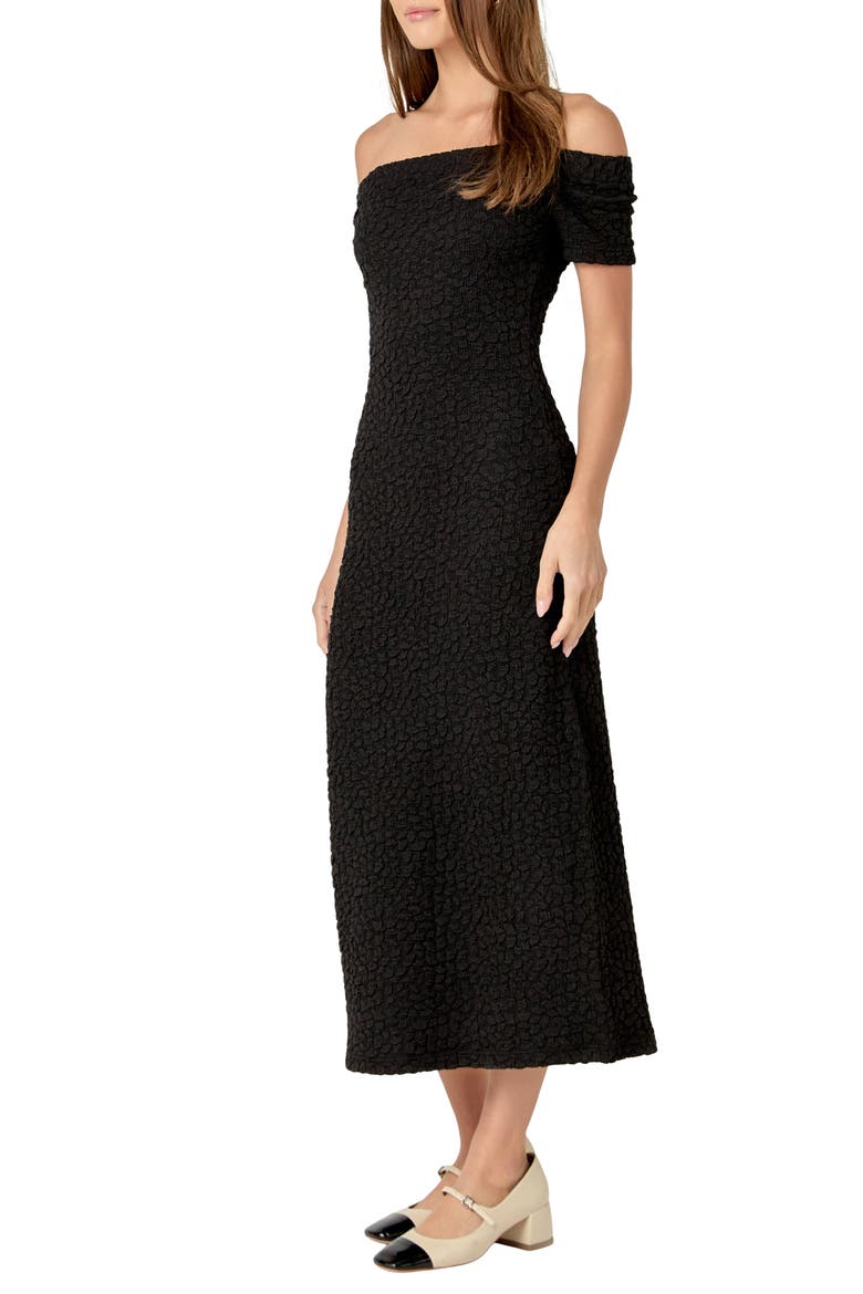 Textured Off the Shoulder Midi Dress, Alternate, color, BLACK