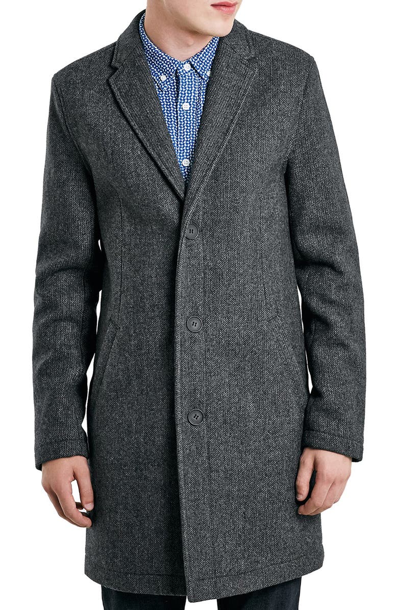 Topman Tweed Wool Blend Topcoat, Main, color,