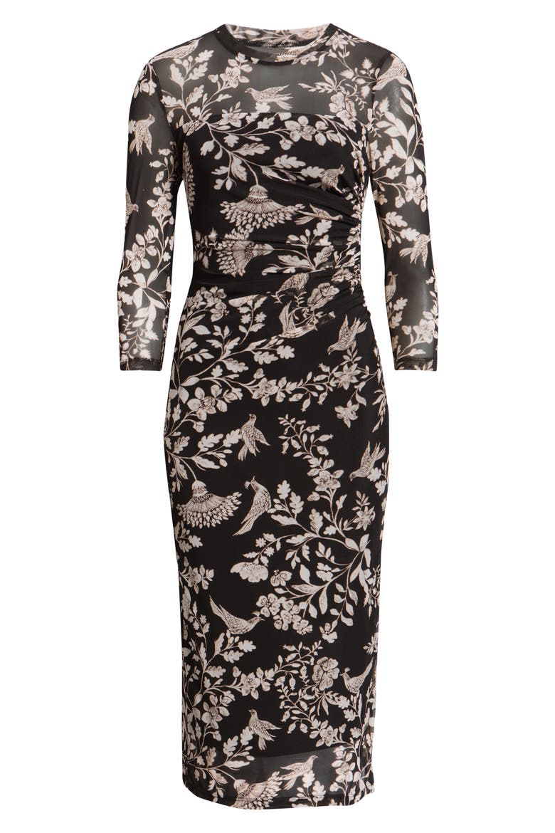 Floral Side Ruched Mesh Midi Dress, Alternate, color, ANNE BLACK MULTI