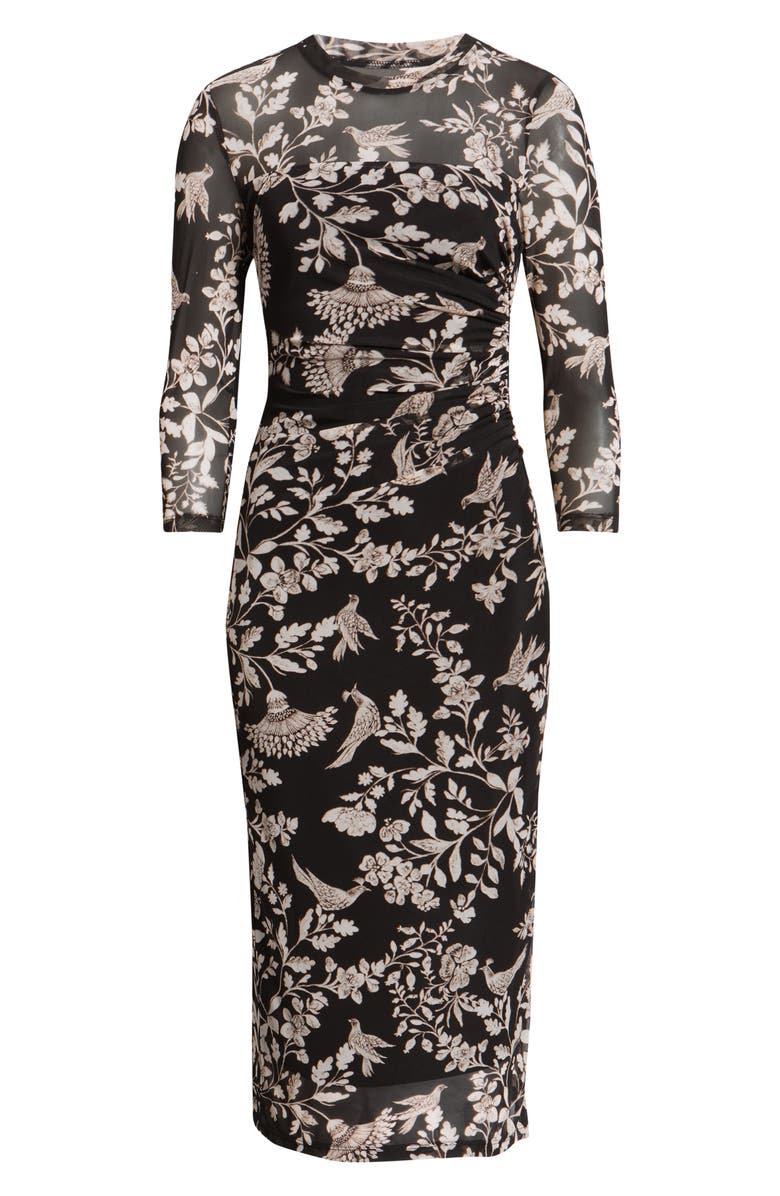 Anne Klein Floral Side Ruched Mesh Midi Dress, Alternate, color, Anne Black Multi