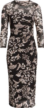 Anne Klein Floral Side Ruched Mesh Midi Dress