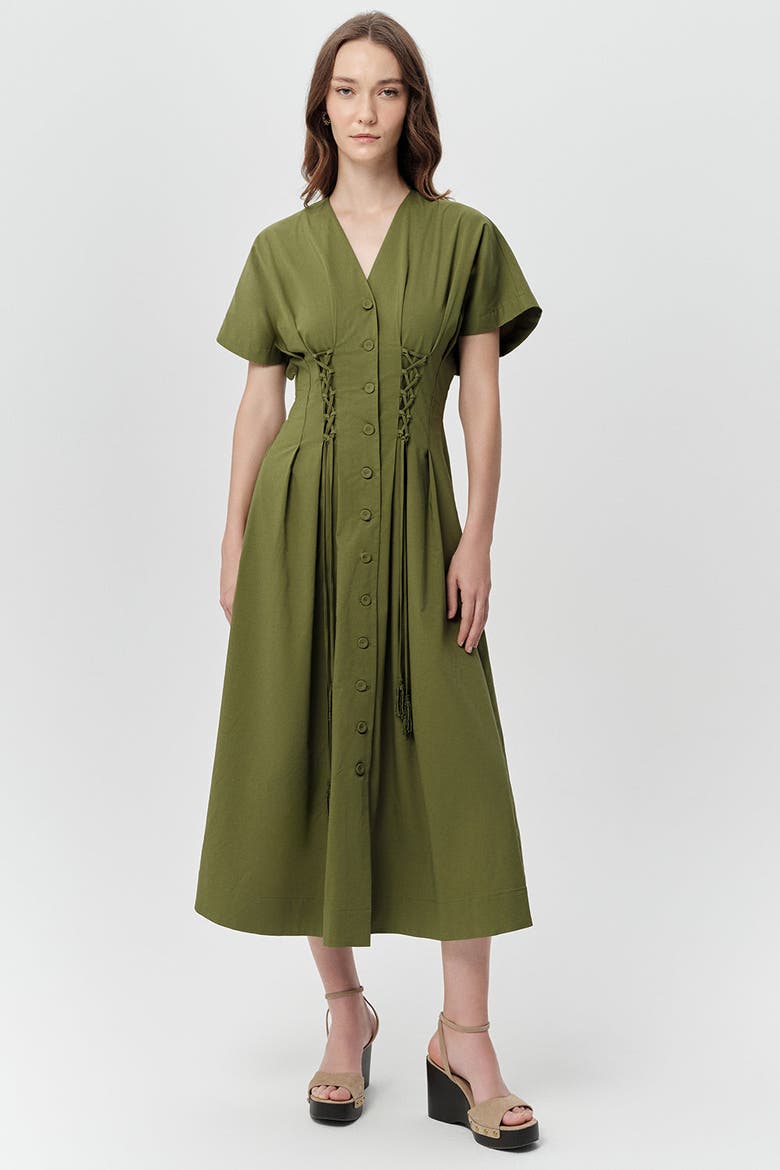 Andree V Neck Tie Waist Pocket Midi Dress, Alternate, color, Khaki
