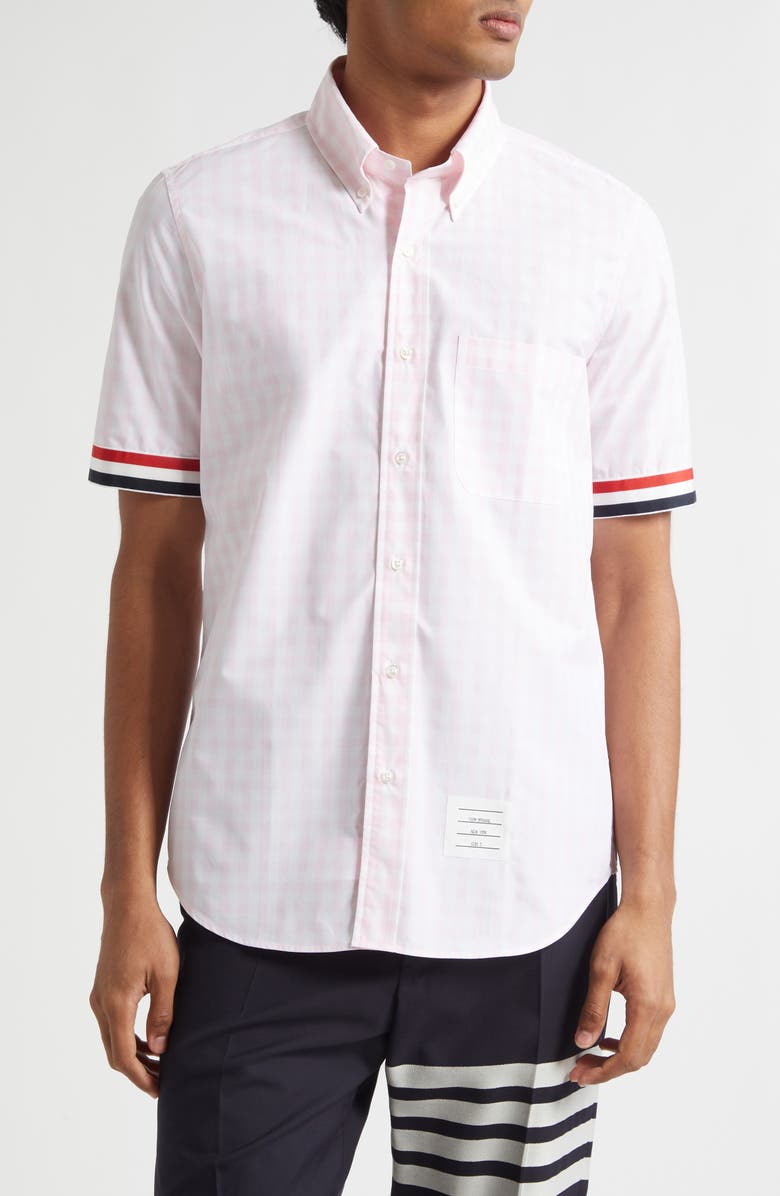 Thom Browne Straight Fit Gingham Plaid Short Sleeve Cotton Button-Down Shirt, Main, color, Light Pink