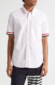 Thom Browne Straight Fit Gingham Plaid Short Sleeve Cotton Button-Down Shirt