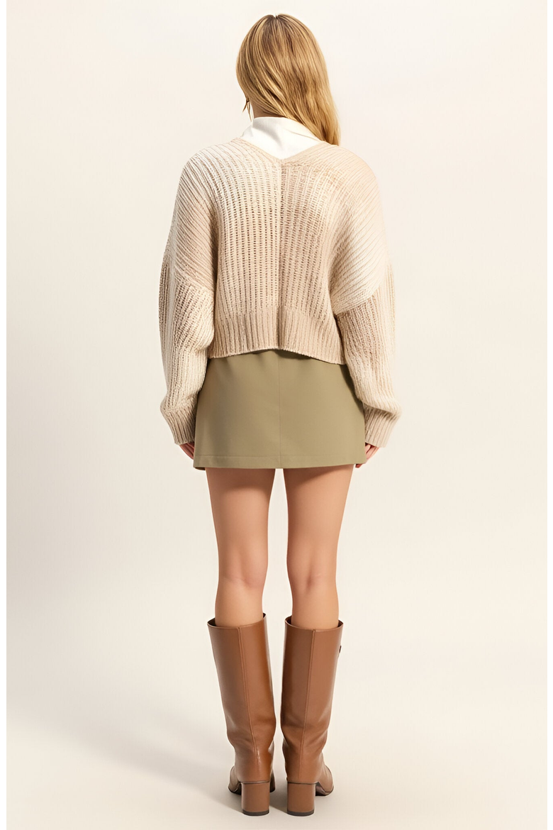 Ribbed Knit Cardigan with Drop Shoulders, Relaxed Fit and Cropped Hem, Alternate, color, Beige / Cream