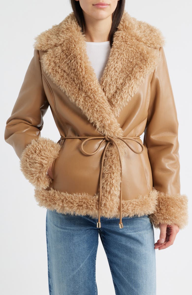 Bernardo Faux Shearling Wrap Coat, Alternate, color, Tan