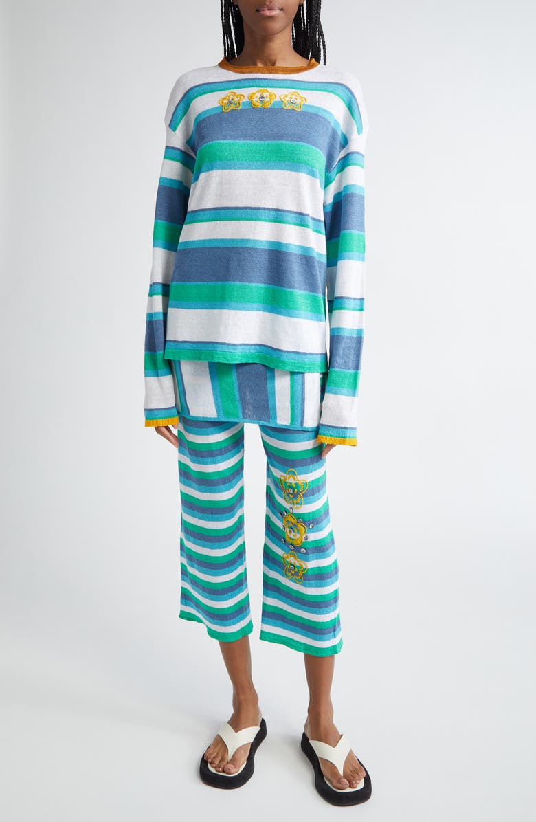 YanYan Embroidered Stripe Linen Sweater, Alternate, color, Denim/ Peppermint/ White Multi