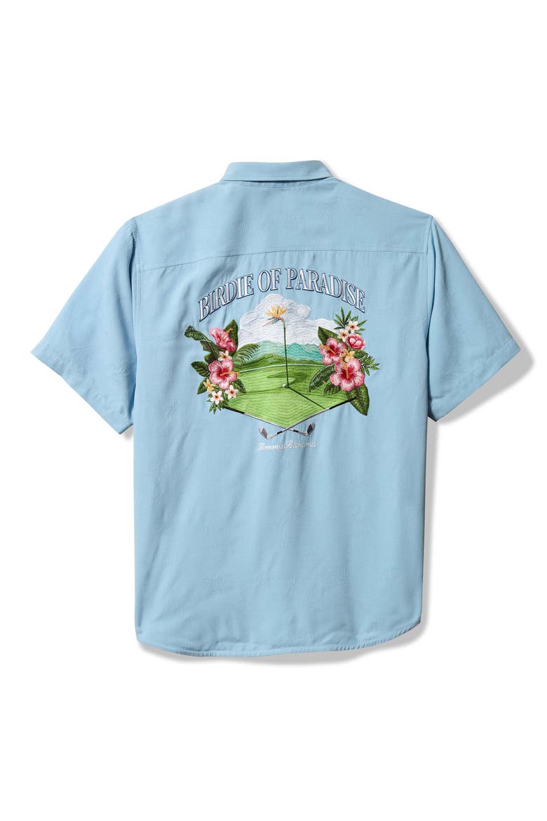 Birdie of Paradise Embroidered Short Sleeve Silk Button-Up Shirt, Alternate, color, BLUE JAY