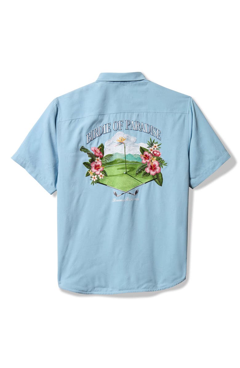Tommy Bahama Birdie of Paradise Embroidered Short Sleeve Silk Button-Up Shirt, Alternate, color, Blue Jay