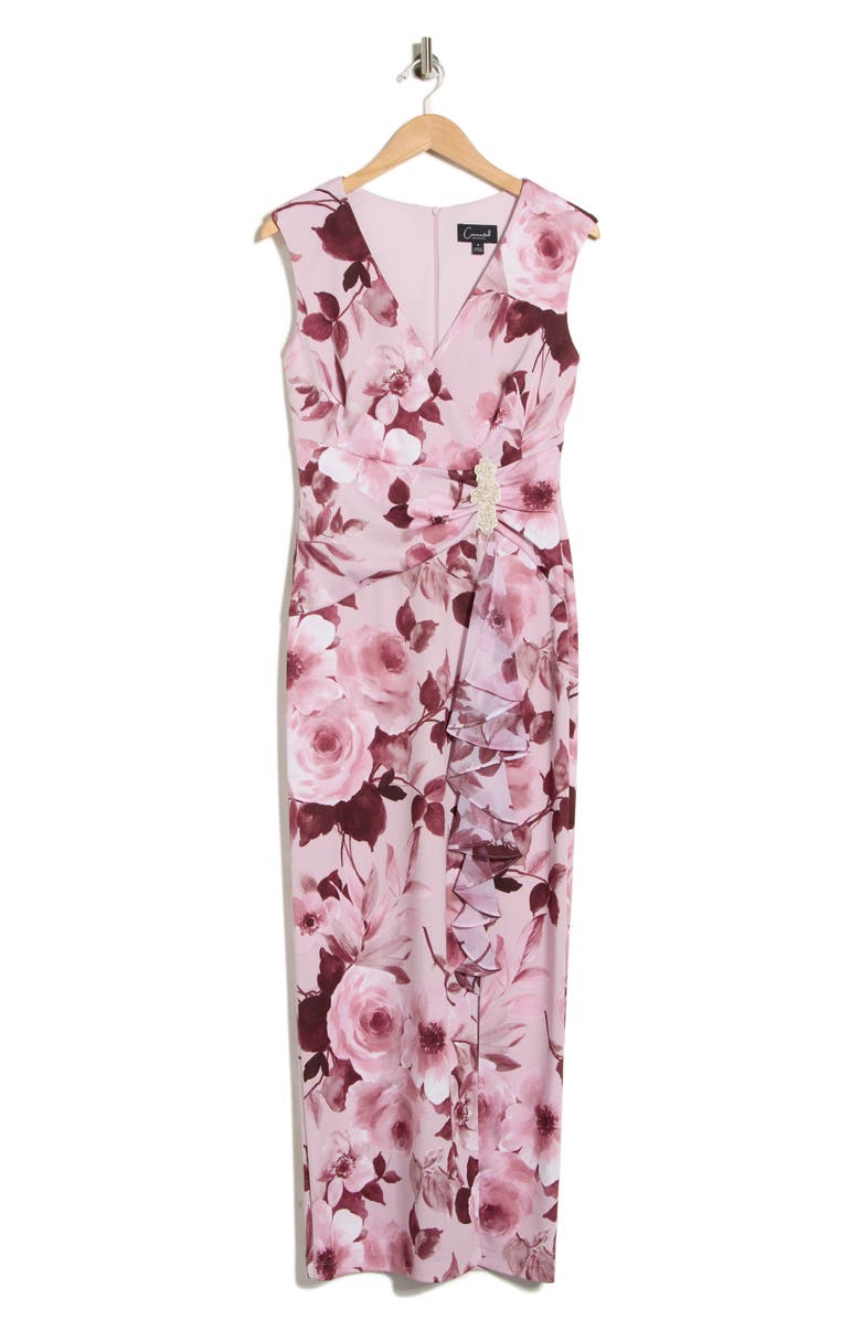 Connected Apparel Floral Gathered Waist Maxi Dress, Main, color, Mauve/ Rosewood